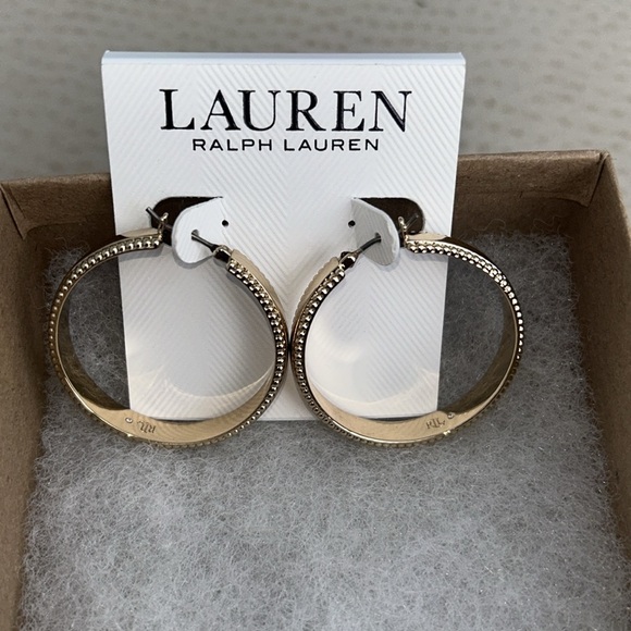 Lauren Ralph Lauren Gold-Tone Medium Textured Edge Hoop Earrings, 1.3" - Picture 9 of 11